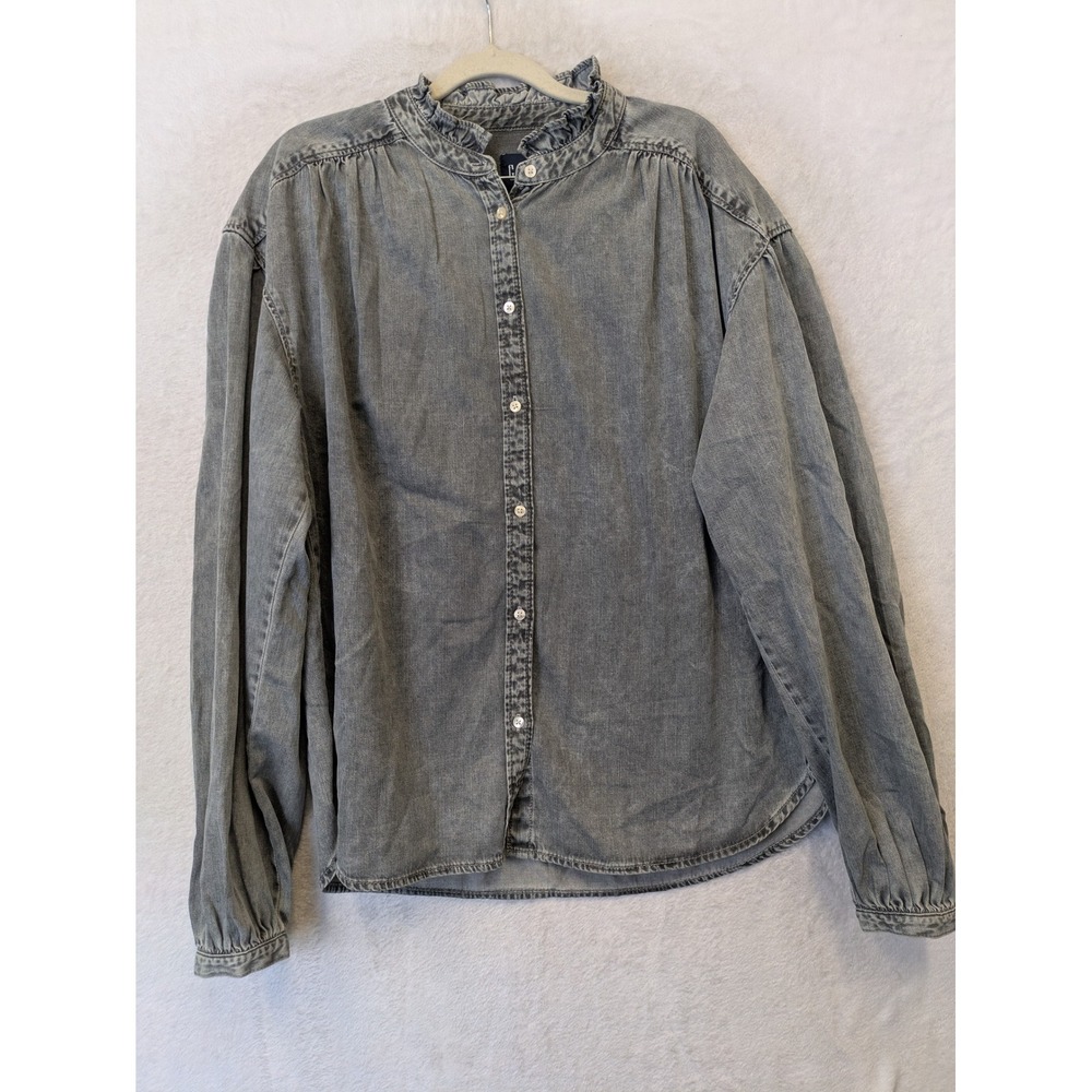 Gap Women's Size M Tall Gray Denim Blouse Button Up Shirt Ruffle Neck